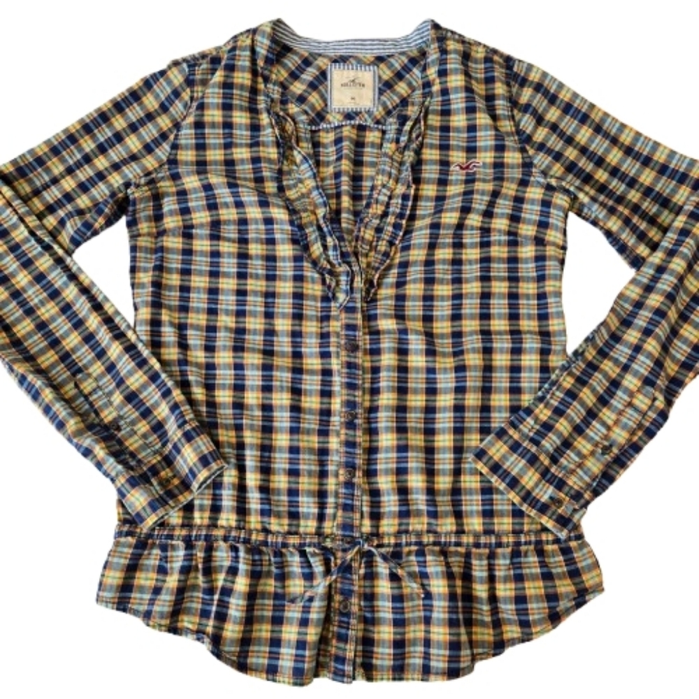 Hollister V-Neck Ruffle Plaid Shirt Blue Yellow Medium